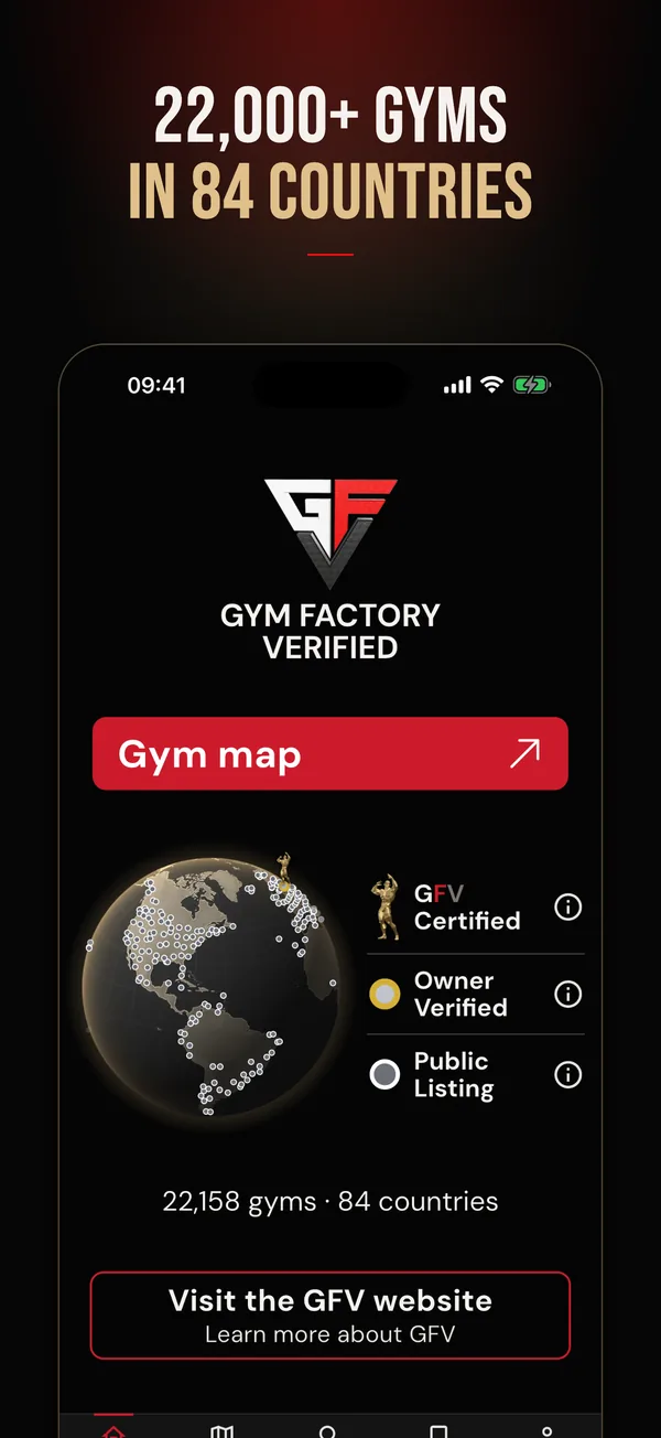 The GFV app home screen, with the gym map and the three gym marks