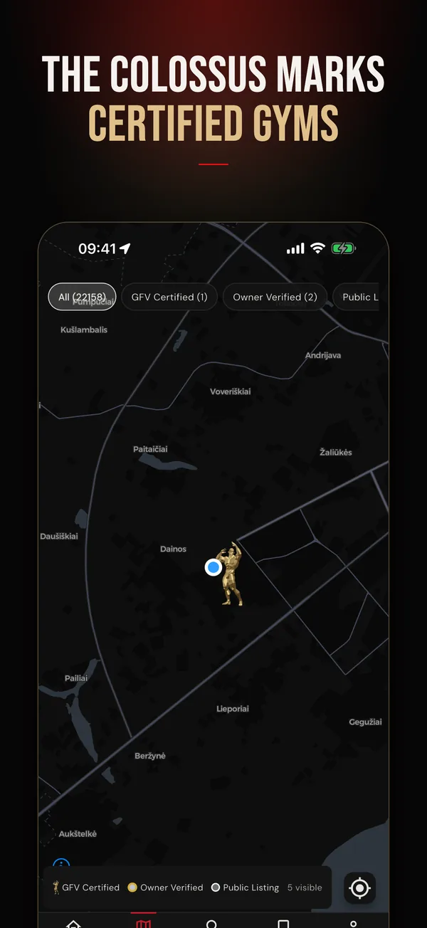 The GFV app map, with the Colossus marking a GFV Certified gym