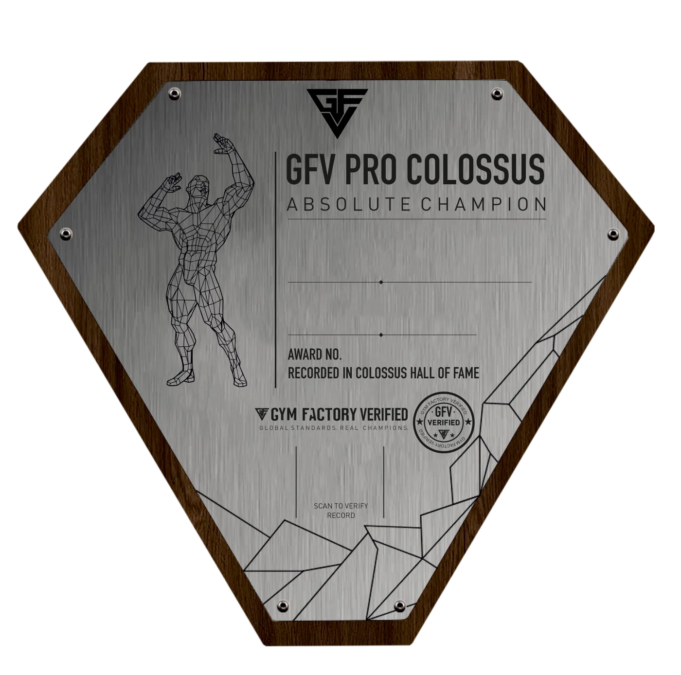 The engraved award plate — serial number and verification QR